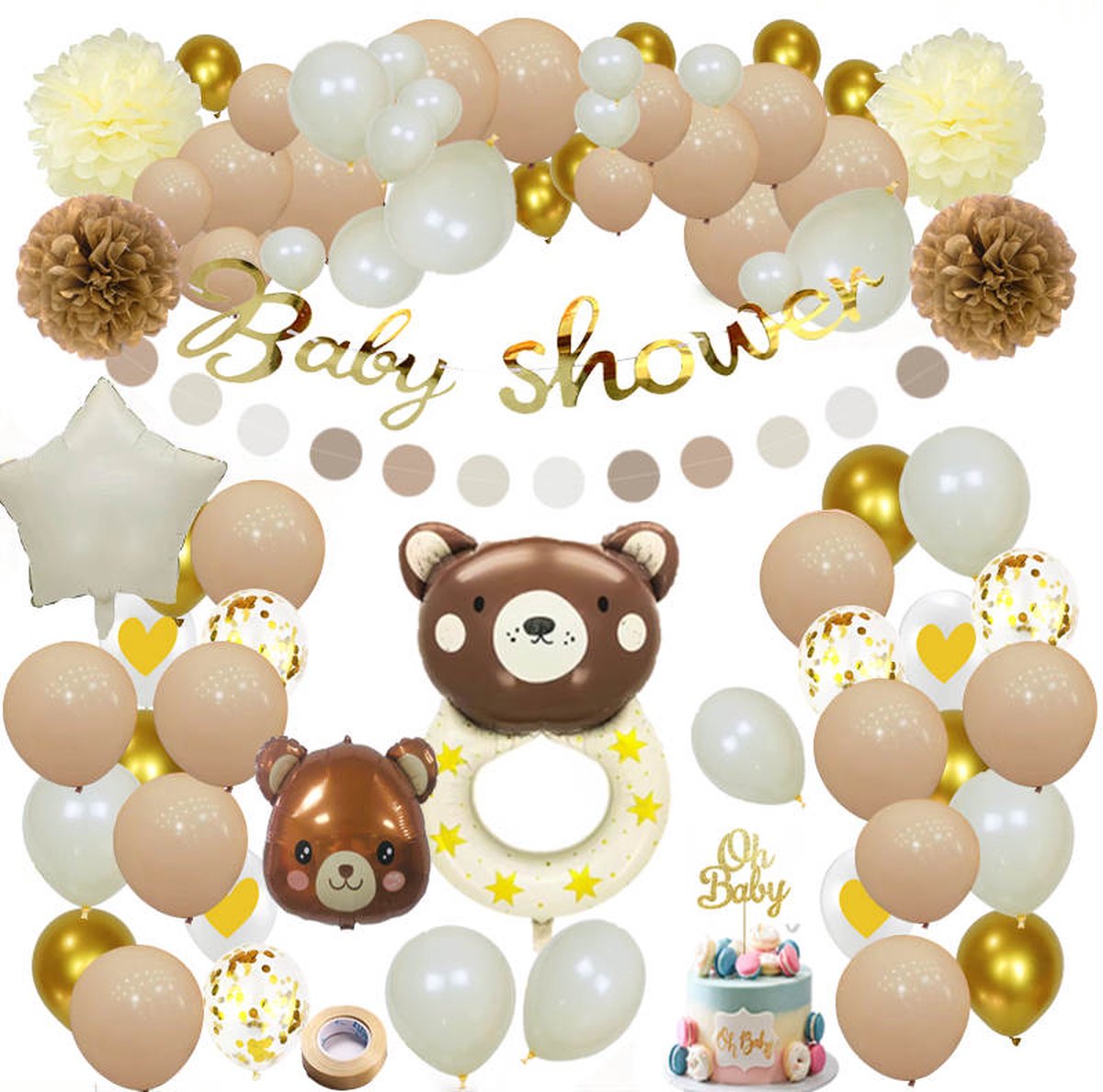 Joya Party® Babyshower Versiering Teddybeer | Baby decoratie Beren | Versier pakket Teddy | Ballonnen Slinger Beige, Gebroken Wit en Bruin | Geboorte Versierpakket Babyshower Beige Beer